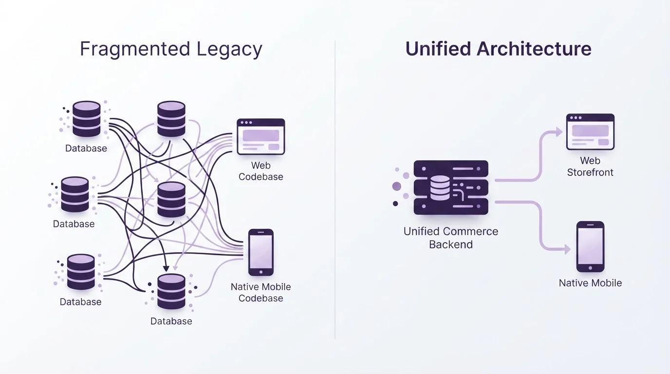 Diagram comparing fragmented legacy commerce stacks with a unified architecture.