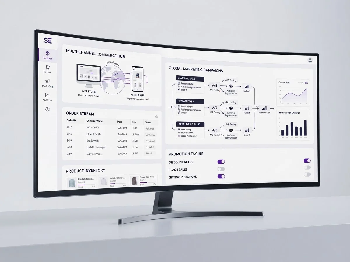 Enterprise commerce dashboard showing unified management of web and mobile channels.