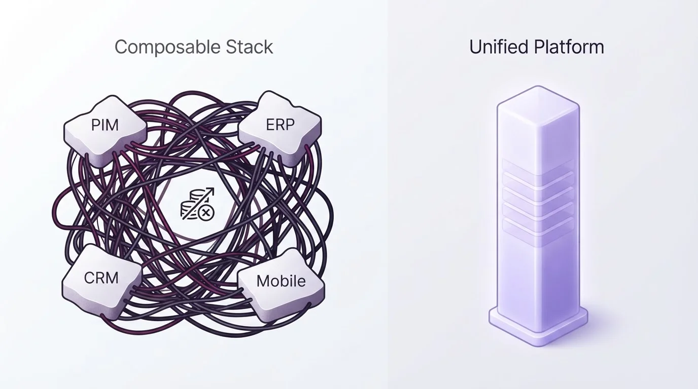 Comparison between a fragmented composable commerce stack and a unified enterprise commerce platform.