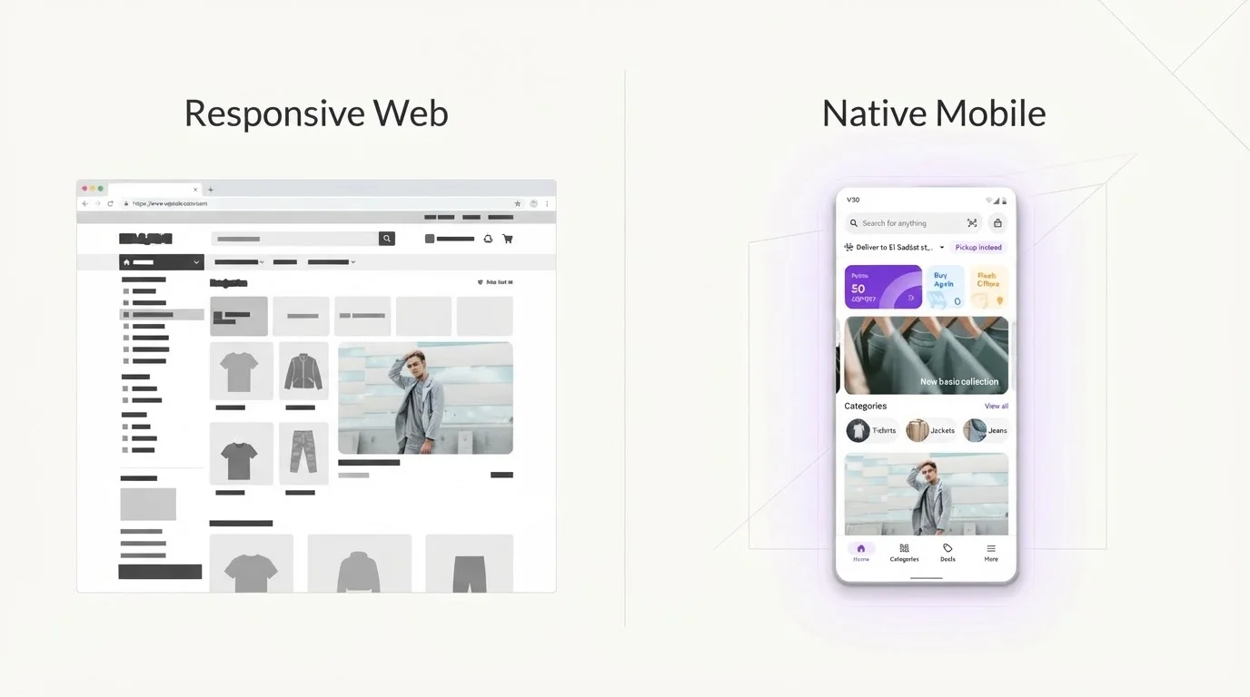 Side-by-side comparison of a responsive mobile website and a native commerce app.