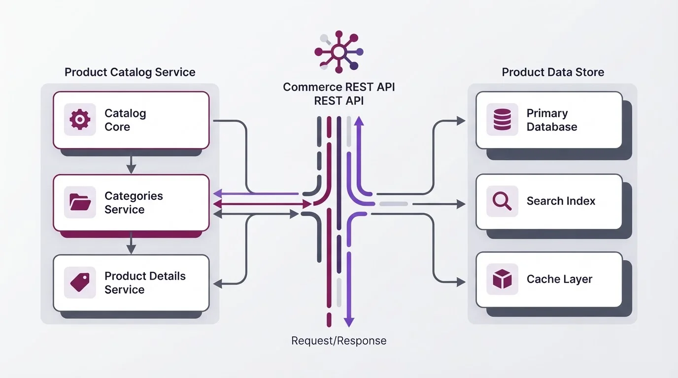 Technical diagram showing commerce REST API managing product categories and catalog data.