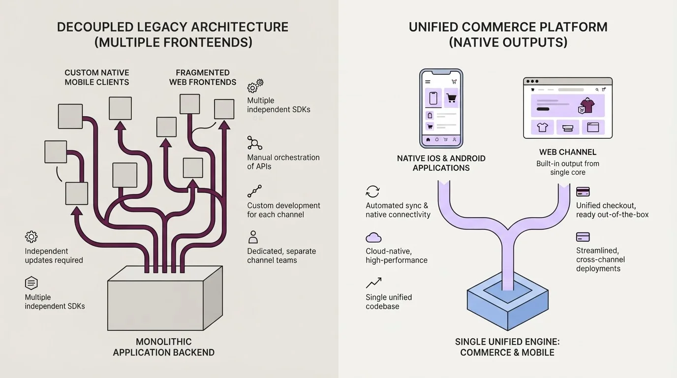 Architectural comparison between custom native mobile frontend strategy and a unified commerce platform