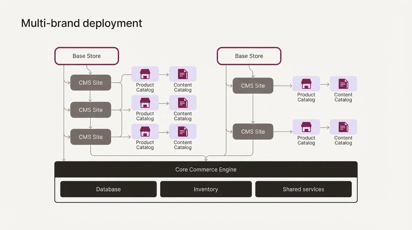 Architectural diagram showing enterprise ecommerce multi-brand and multi-region site hierarchy including base stores and content catalogs