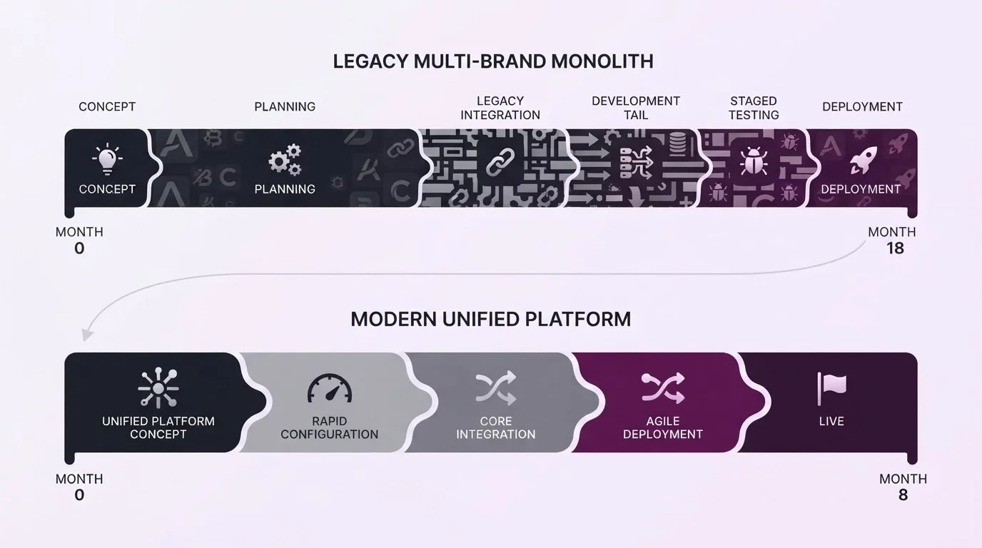 Timeline comparison highlighting the 8 to 18 months deployment duration of legacy monoliths versus agile modern implementations