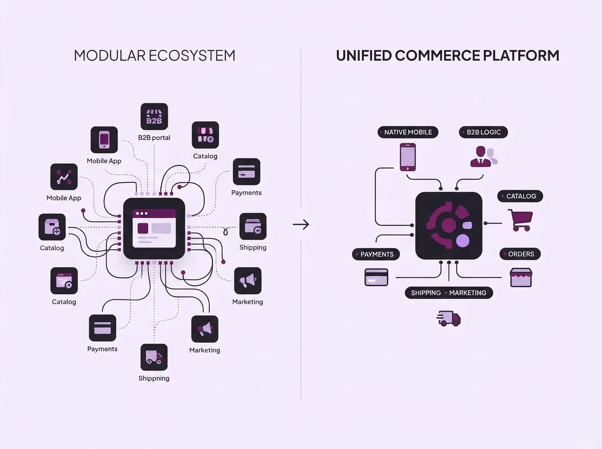 Architectural comparison between a modular, app-dependent platform architecture and a unified enterprise platform layout.