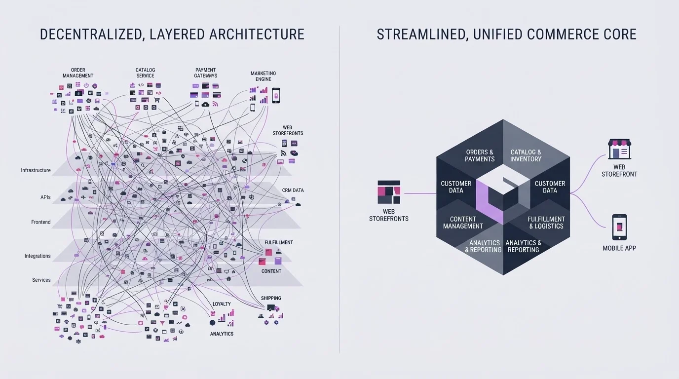 Comparison diagram showing modular composable architecture versus unified commerce core