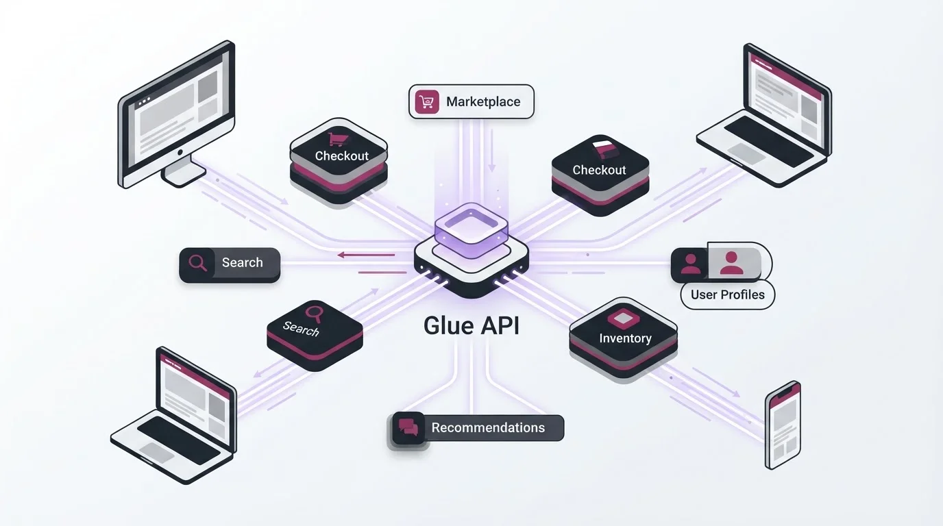 Diagram showing Spryker's composable commerce architecture with independent modules connected via API.