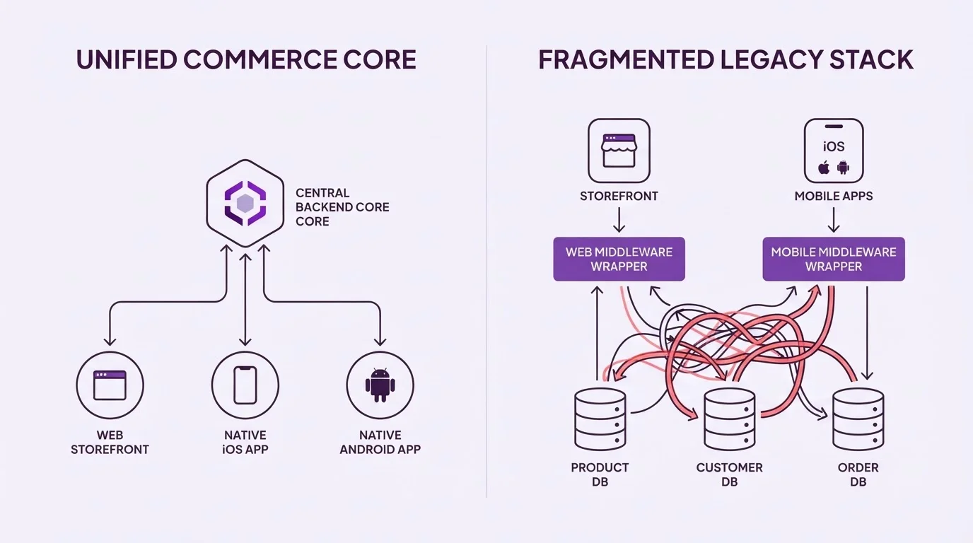Architectural comparison between a unified commerce platform and a fragmented legacy stack showing web and native mobile channels.