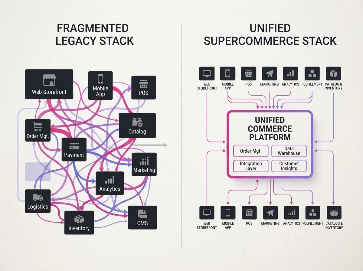 Comparison between legacy commerce stacks and unified commerce architecture