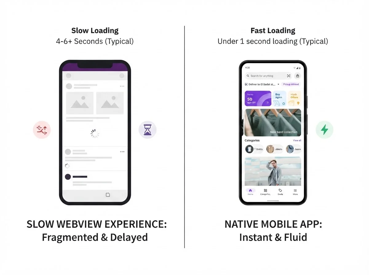 Comparison of native mobile app performance versus mobile webview performance.