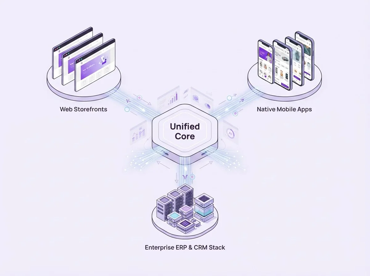 Diagram of a unified enterprise commerce architecture connecting web, mobile, and ERP