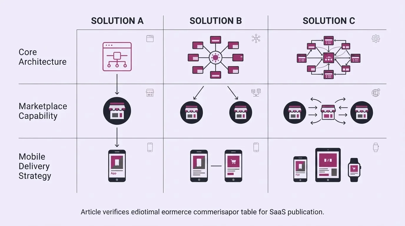 Comparison table illustration showing variations in enterprise commerce platform architectures, marketplace capabilities, and mobile delivery strategies.