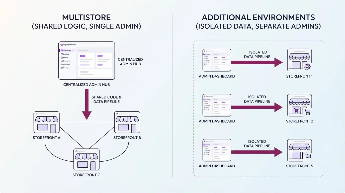 Diagram comparing VTEX multistore and additional environment architectures